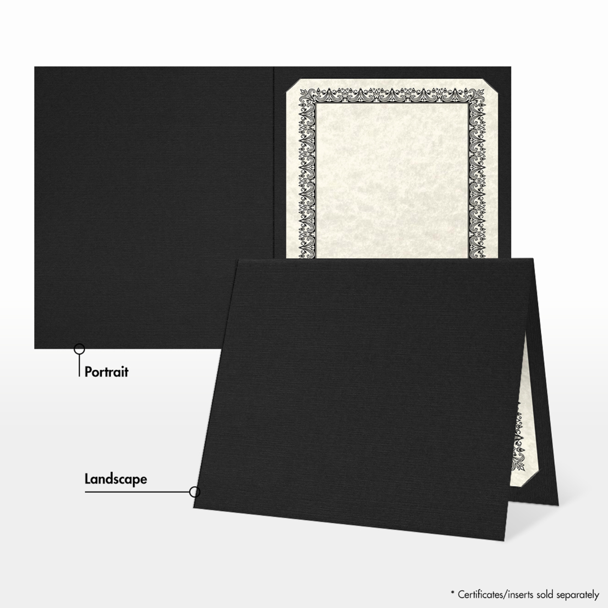 Deep Black Linen 100lb 9 1/2 x 12 Landscape or Portrait Certificate Holders with Square Corner Slits (Holds 8 1/2 x 11 Certificate)