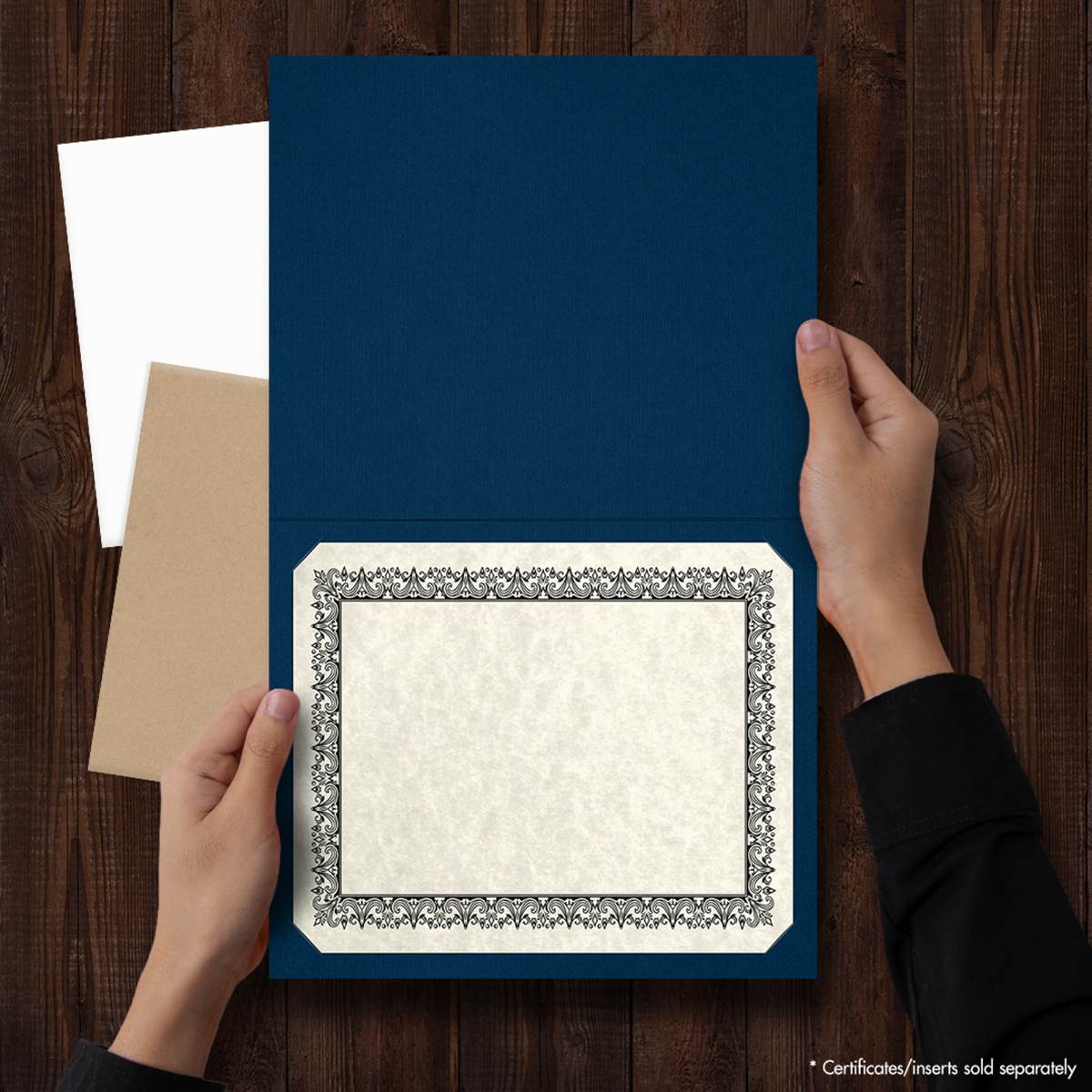 Dark Blue Linen 100lb 9 1/2 x 12 Landscape or Portrait Certificate Holders with Square Corner Slits (Holds 8 1/2 x 11 Certificate)