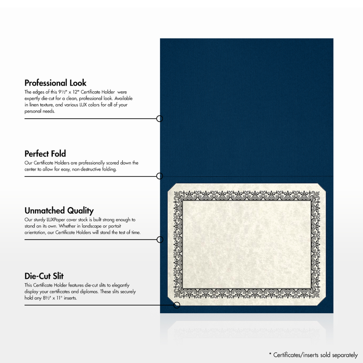 Dark Blue Linen 100lb 9 1/2 x 12 Landscape or Portrait Certificate Holders with Square Corner Slits (Holds 8 1/2 x 11 Certificate)