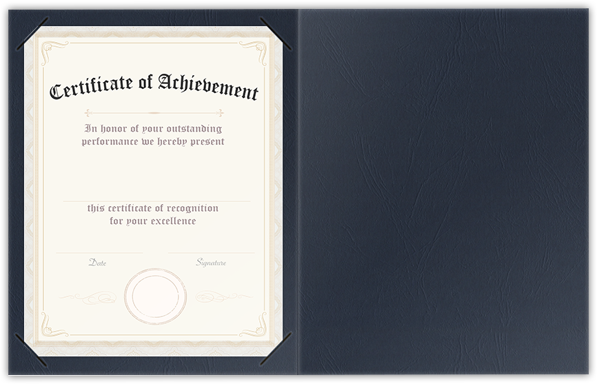 Deep Blue Cordwain 90lb 9 1/2 x 12 Landscape or Portrait Certificate Holders with Square Corner Slits (Holds 8 1/2 x 11 Certificate)