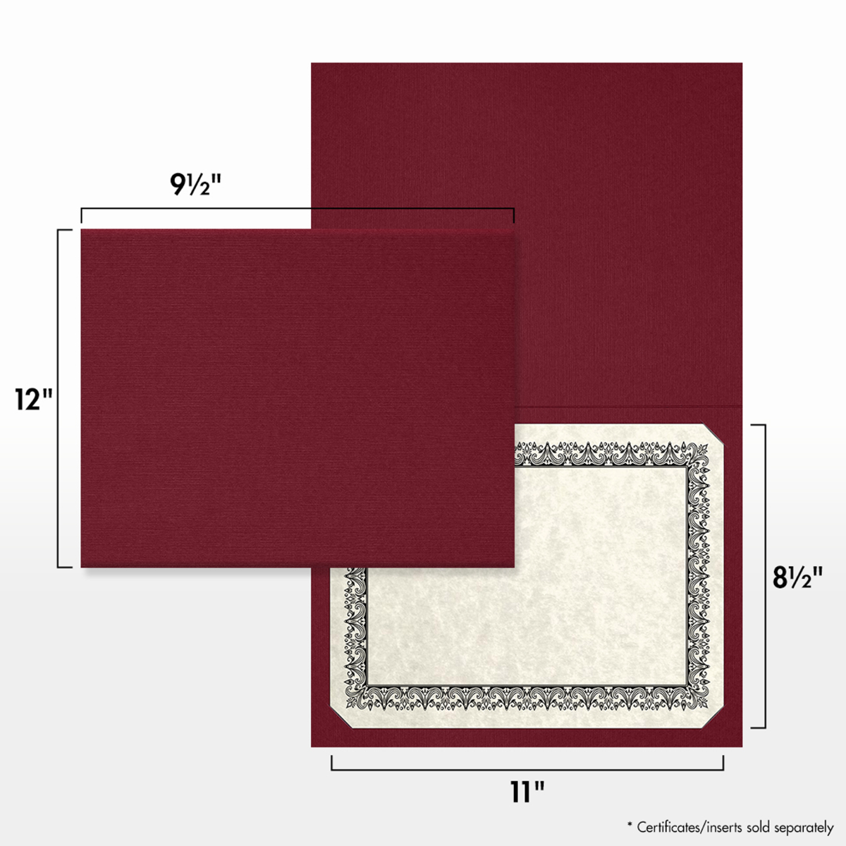 Burgundy Linen 9 1/2 x 12 Landscape or Portrait Certificate Holders with Square Corner Slits (Holds 8 1/2 x 11 Certificate)