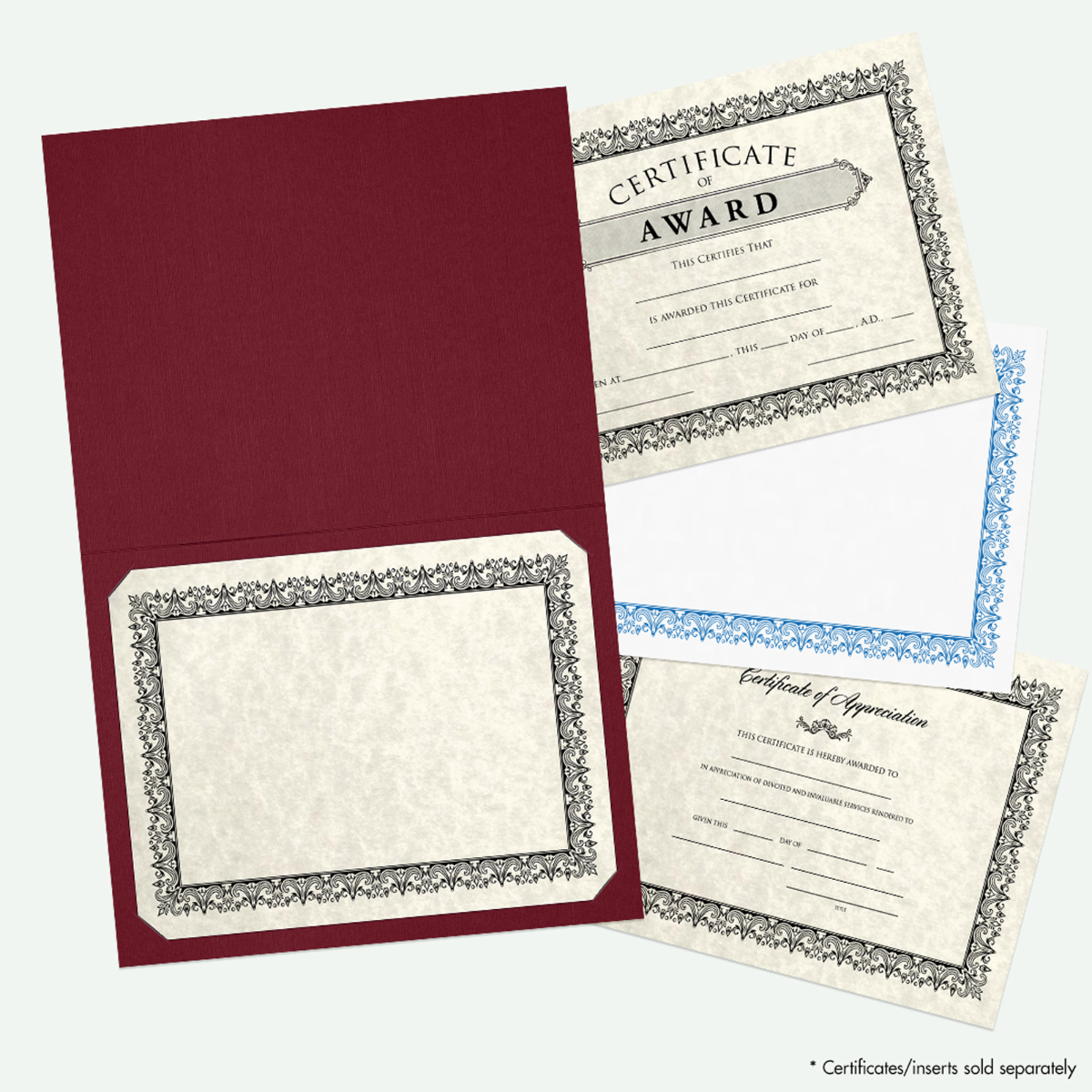 Burgundy Linen 9 1/2 x 12 Landscape or Portrait Certificate Holders with Square Corner Slits (Holds 8 1/2 x 11 Certificate)