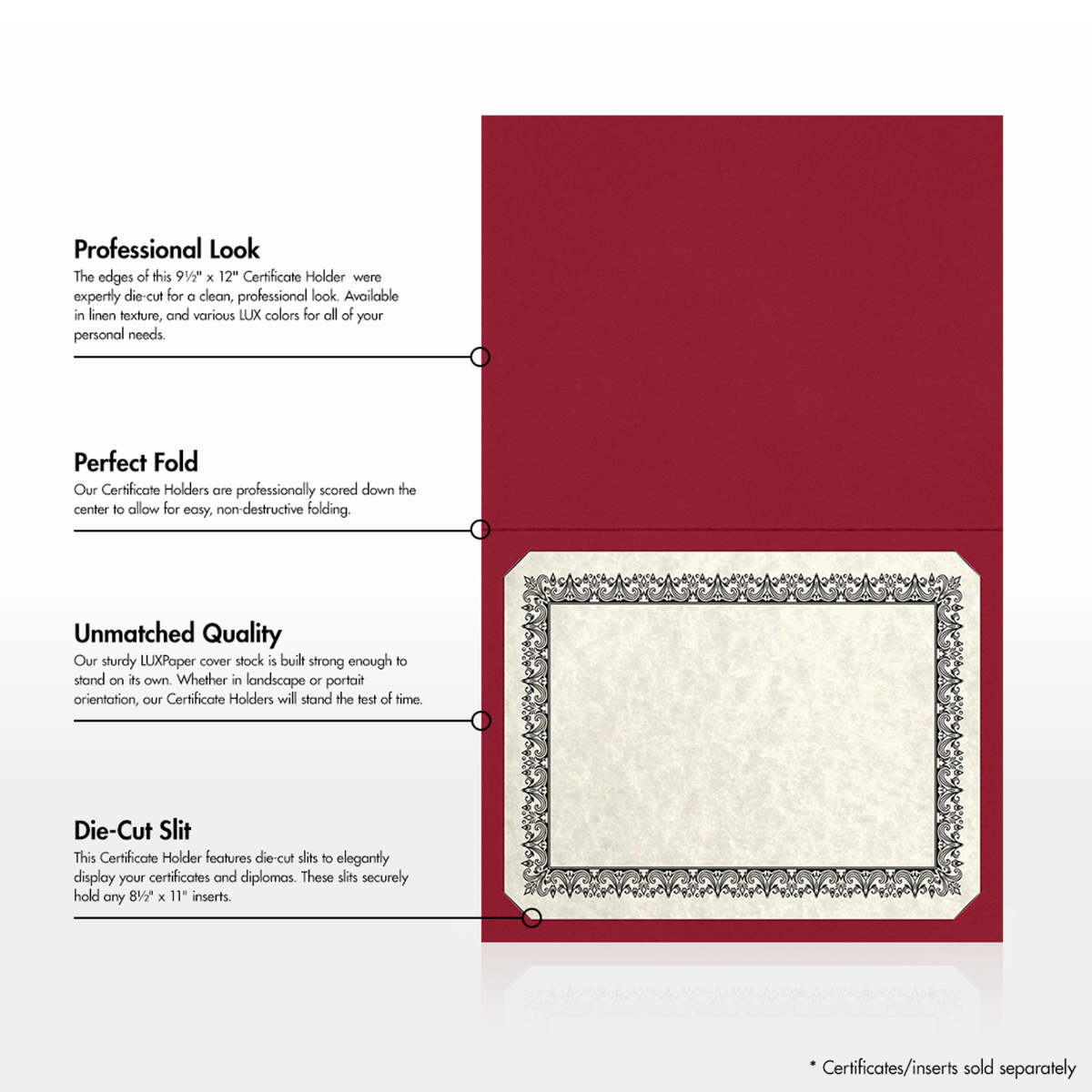 Red Hopsack 90lb 9 1/2 x 12 Landscape or Portrait Certificate Holders with Square Corner Slits (Holds 8 1/2 x 11 Certificate)