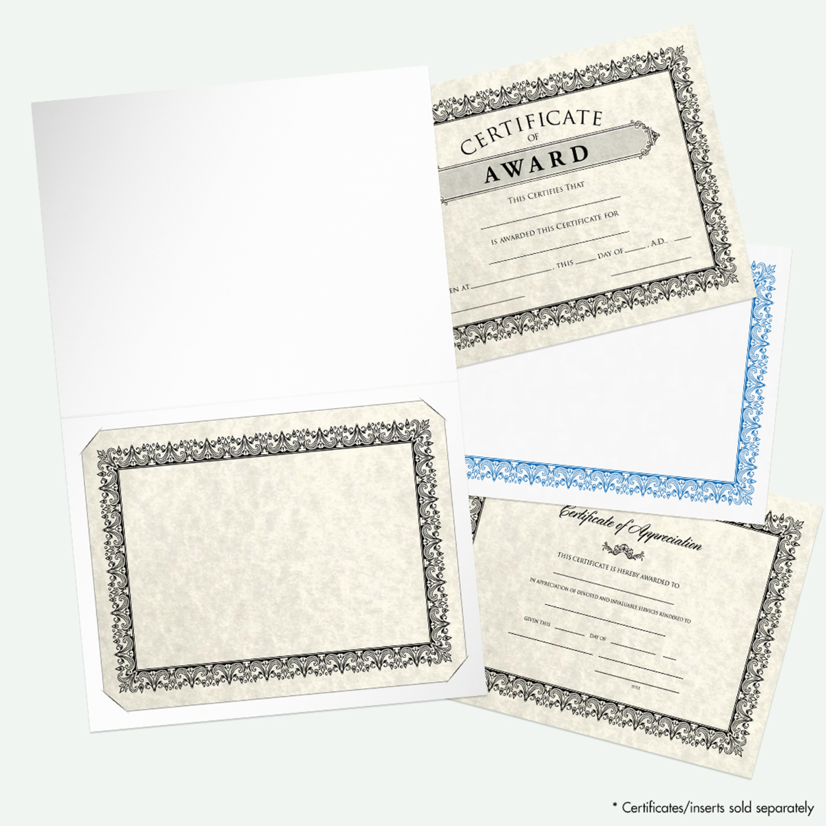 White Semi-Gloss 12pt C1S 9 1/2 x 12 Landscape or Portrait Certificate Holders with Square Corner Slits (Holds 8 1/2 x 11 Certificate)