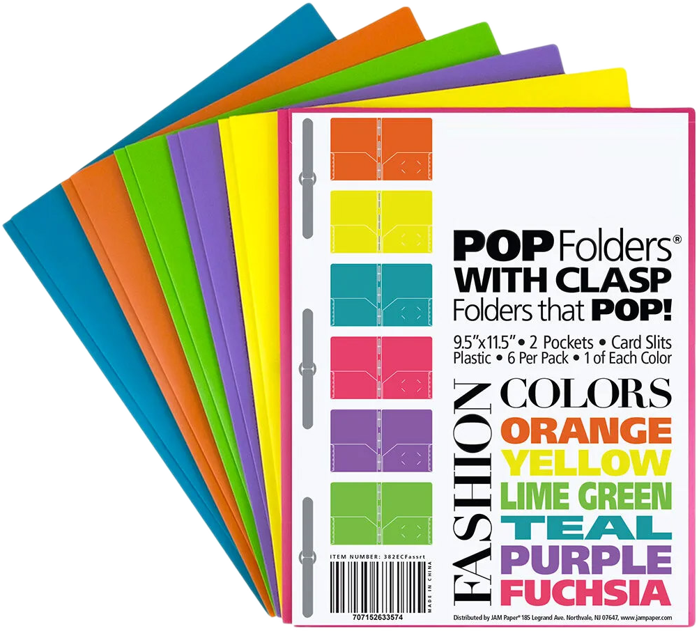 Assorted Fashion 9 x 12 Plastic Pop with Clasp Folders - 6 Pack