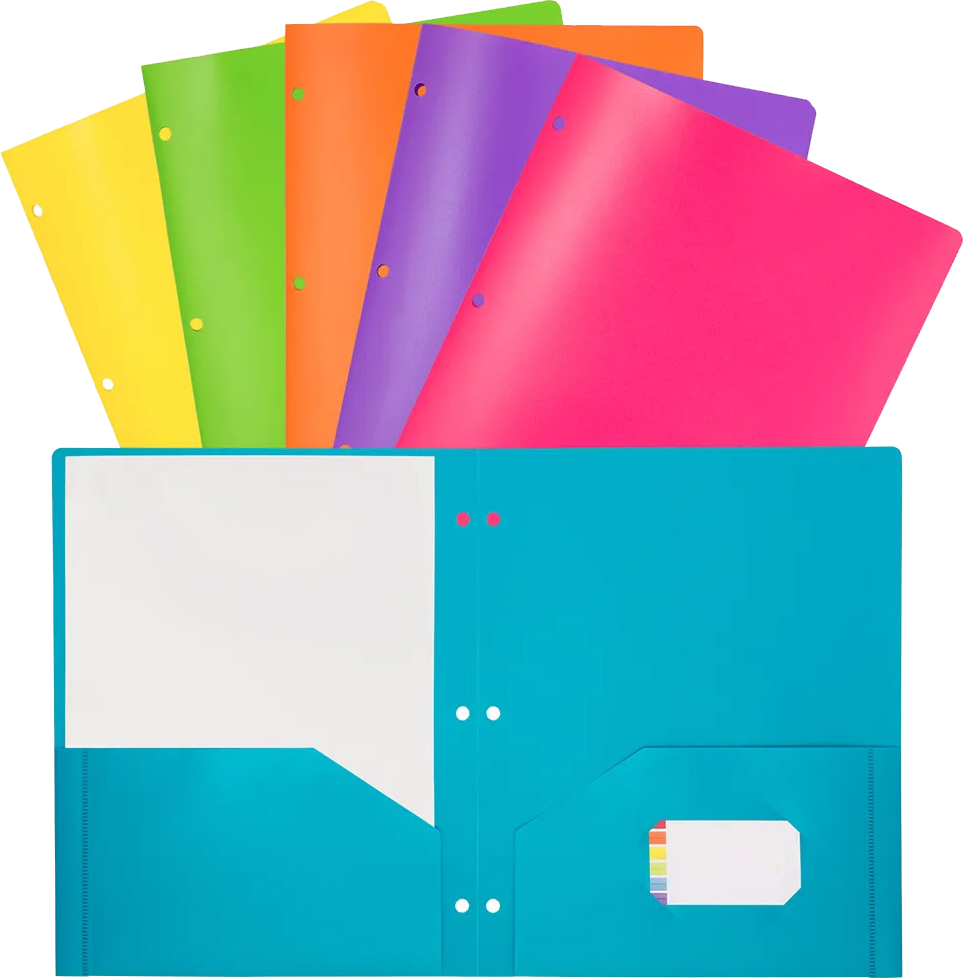 Assorted Fashion 9 1/2 x 11 1/2 Plastic Pop 3 Hole Punch Folders - 6 Pack