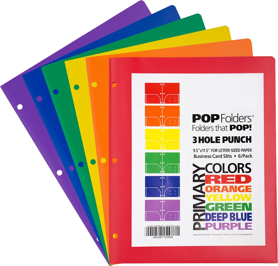 Assorted Primary 9 1/2 x 11 1/2 Plastic Pop 3 Hole Punch Folders - 6 Pack