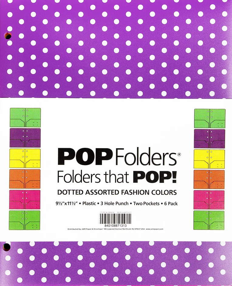 Assorted Dot Fashion Plastic Pop 3 Hole Punch Folders - 6 Pack