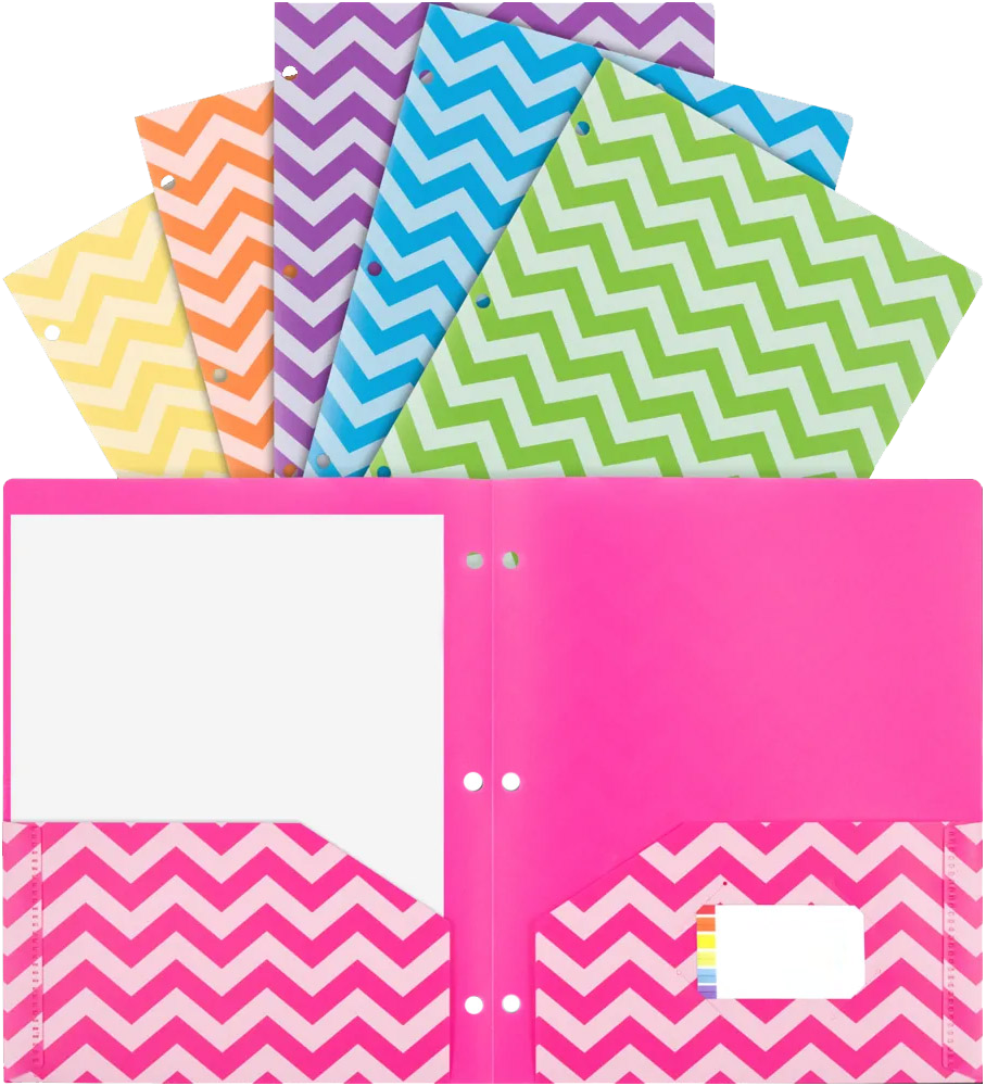 Assorted Chevron 9 ½ x 11 5/8 Plastic 3 Hole Punch Folders - 6 Pack