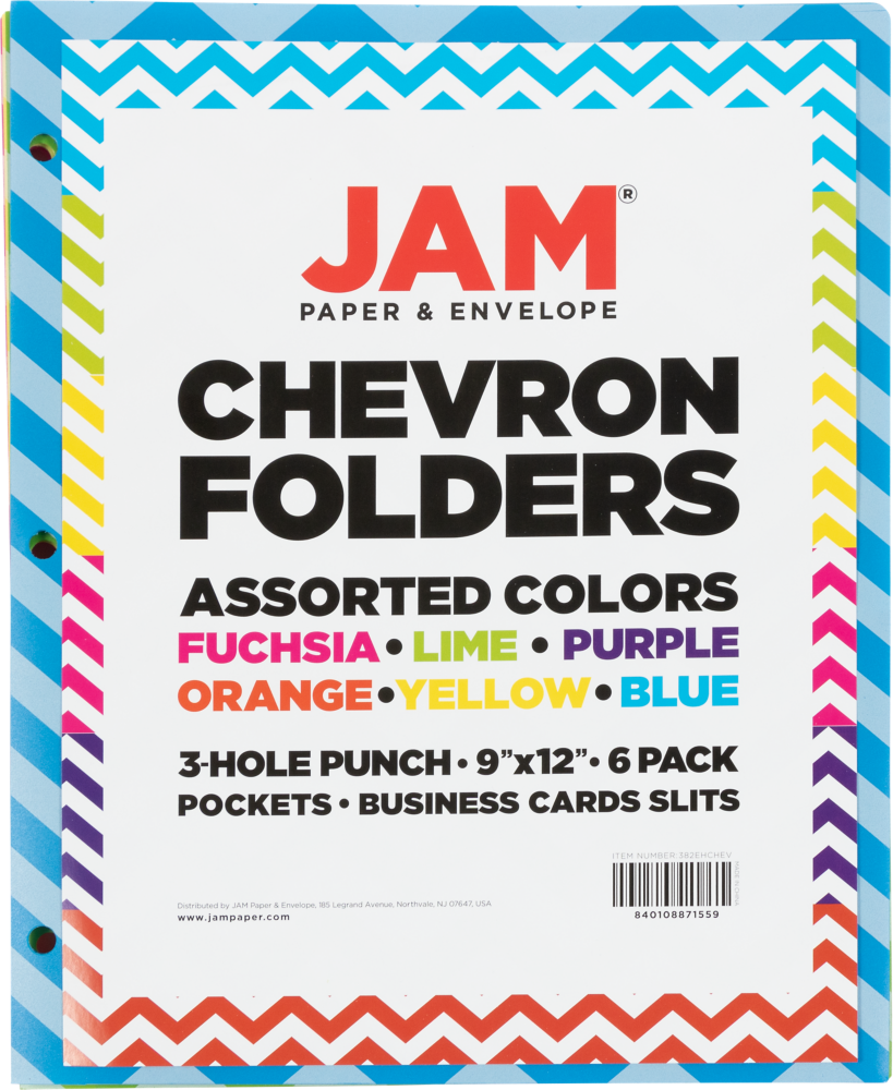 Assorted Chevron 9 ½ x 11 5/8 Plastic 3 Hole Punch Folders - 6 Pack