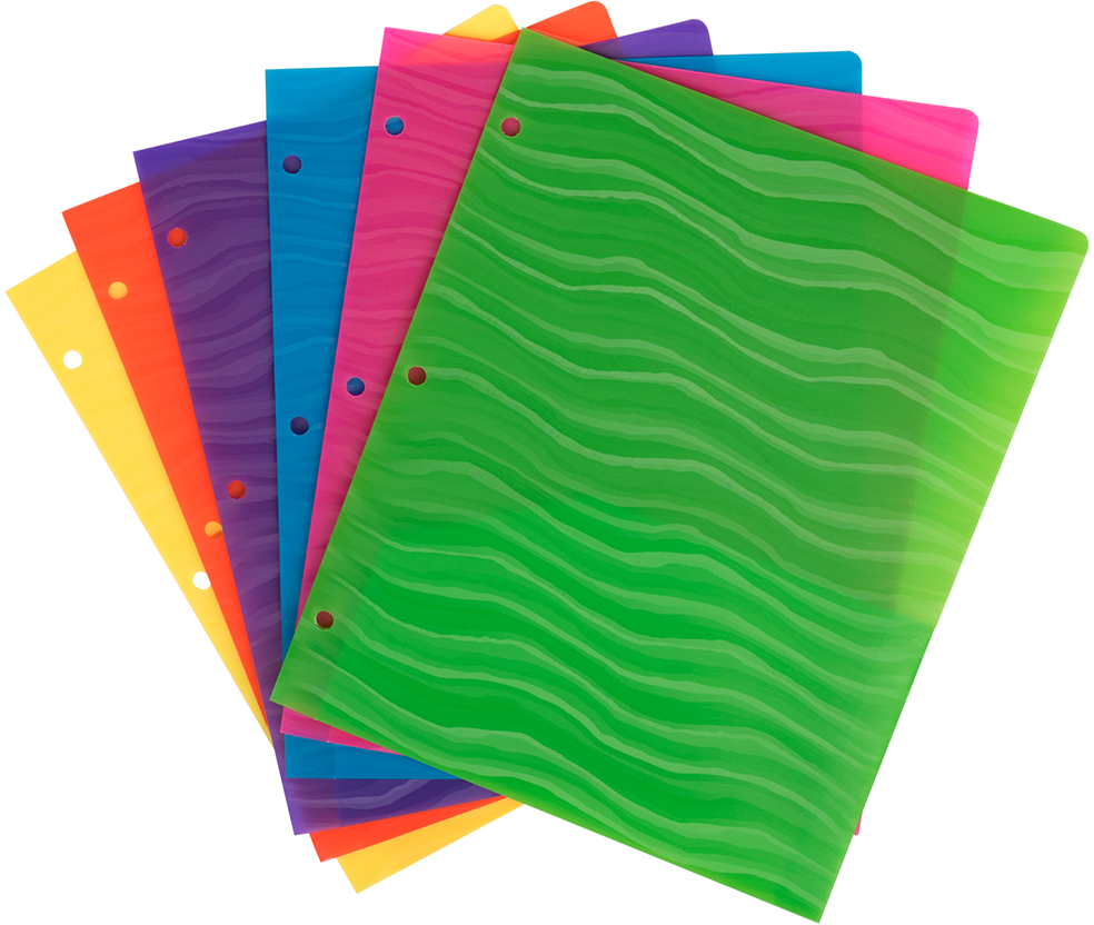 Assorted Wave 9 1/2 x 11 5/8 Plastic Heavy Duty 3 Hole Punch Folders - 6 Pack