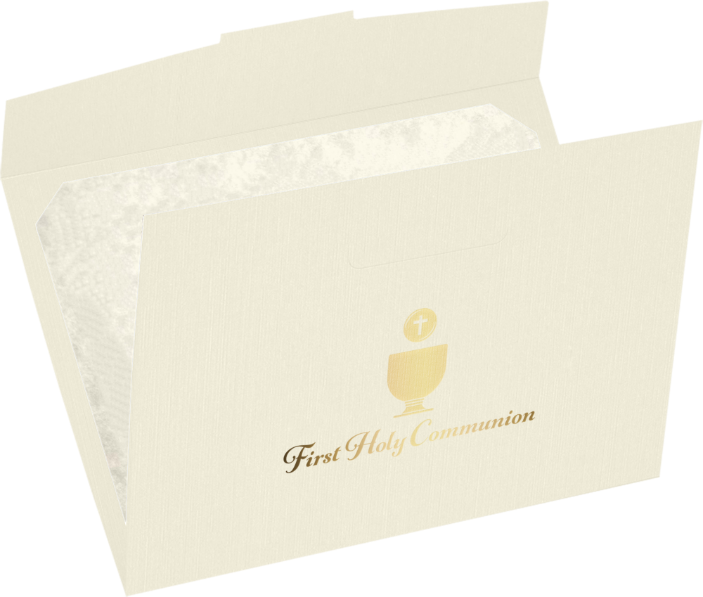 Natural Linen 100lb 6 1/2 x 9 1/2 Certificate Holders with Gold Foil First Holy Communion