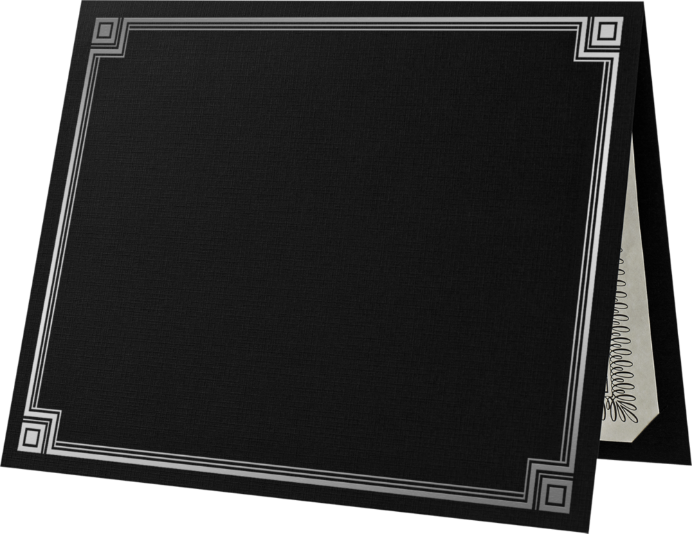 Black Linen 100lb 9 1/2 x 12 Certificate Holders with Silver Foil Border