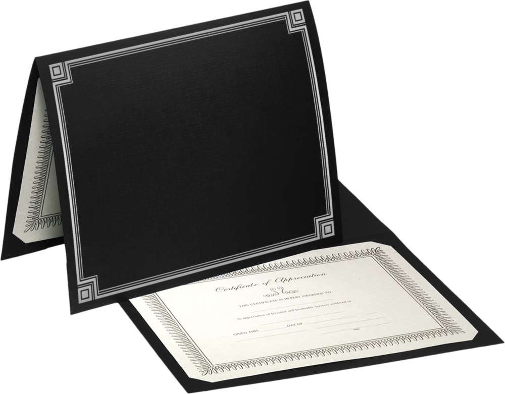 Black Linen 100lb 9 1/2 x 12 Certificate Holders with Silver Foil Border