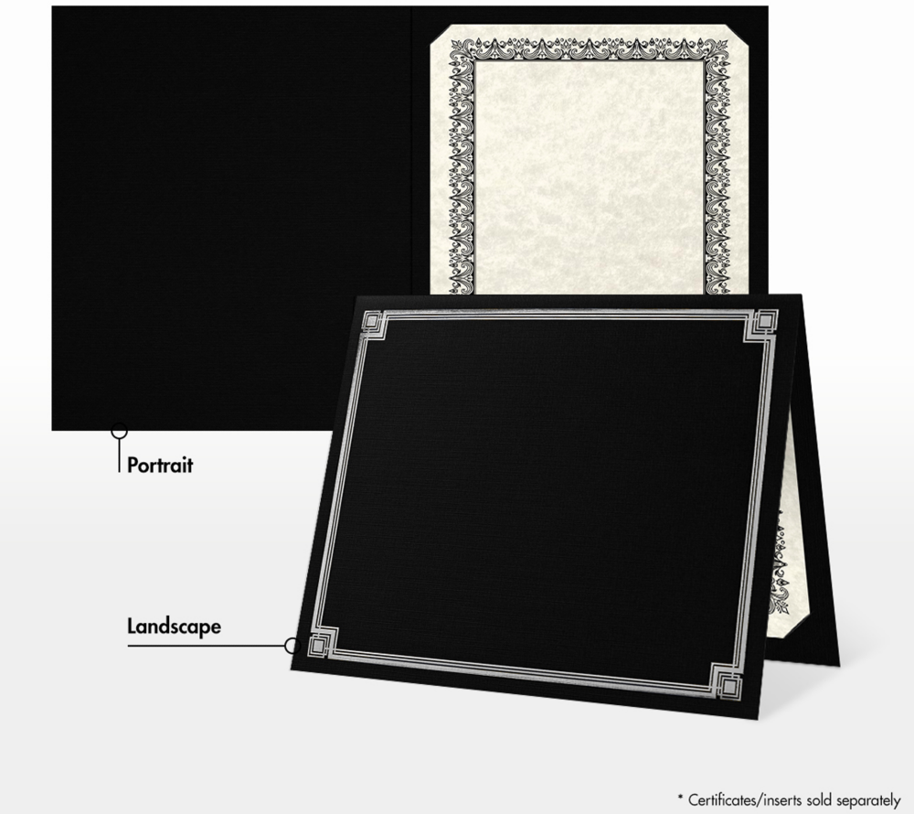 Black Linen 100lb 9 1/2 x 12 Certificate Holders with Silver Foil Border