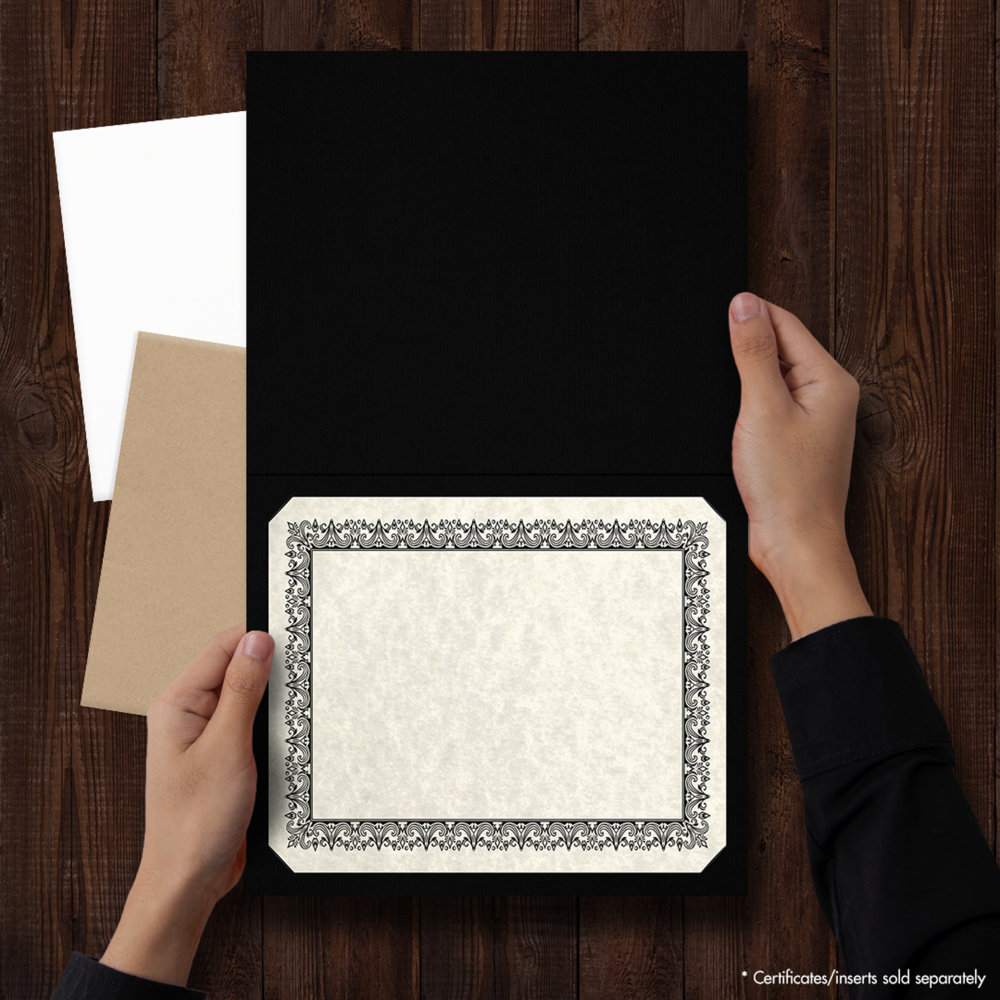 Black Linen 100lb 9 1/2 x 12 Certificate Holders with Silver Foil Border