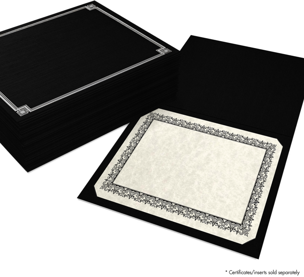 Black Linen 100lb 9 1/2 x 12 Certificate Holders with Silver Foil Border