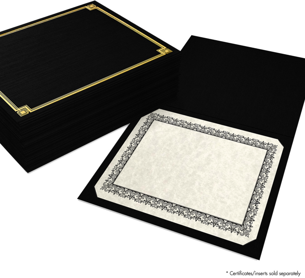 Black Linen 100lb 9 1/2 x 12 Certificate Holders with Gold Foil Border