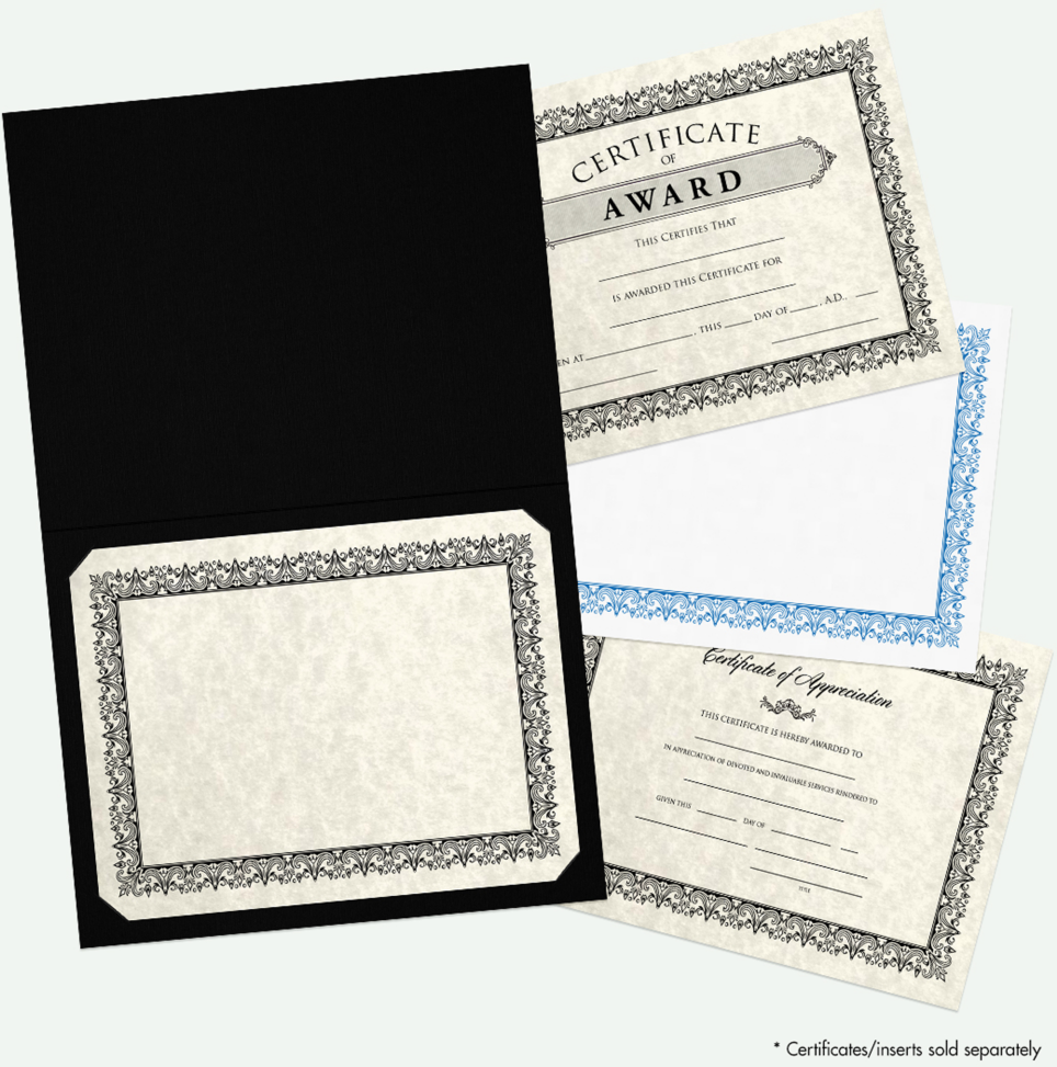 Black Linen 100lb 9 1/2 x 12 Certificate Holders with Gold Foil Border