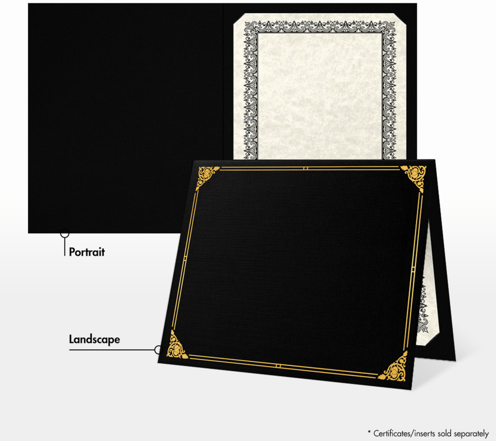 Black Linen 100lb 9 1/2 x 12 Certificate Holders with Gold Foil Floral Border