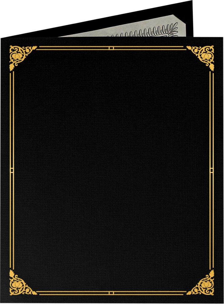 Black Linen 100lb 9 1/2 x 12 Certificate Holders with Gold Foil Floral Border