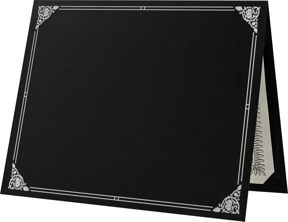 Black Linen 100lb 9 1/2 x 12 Certificate Holders with Silver Foil Floral Border