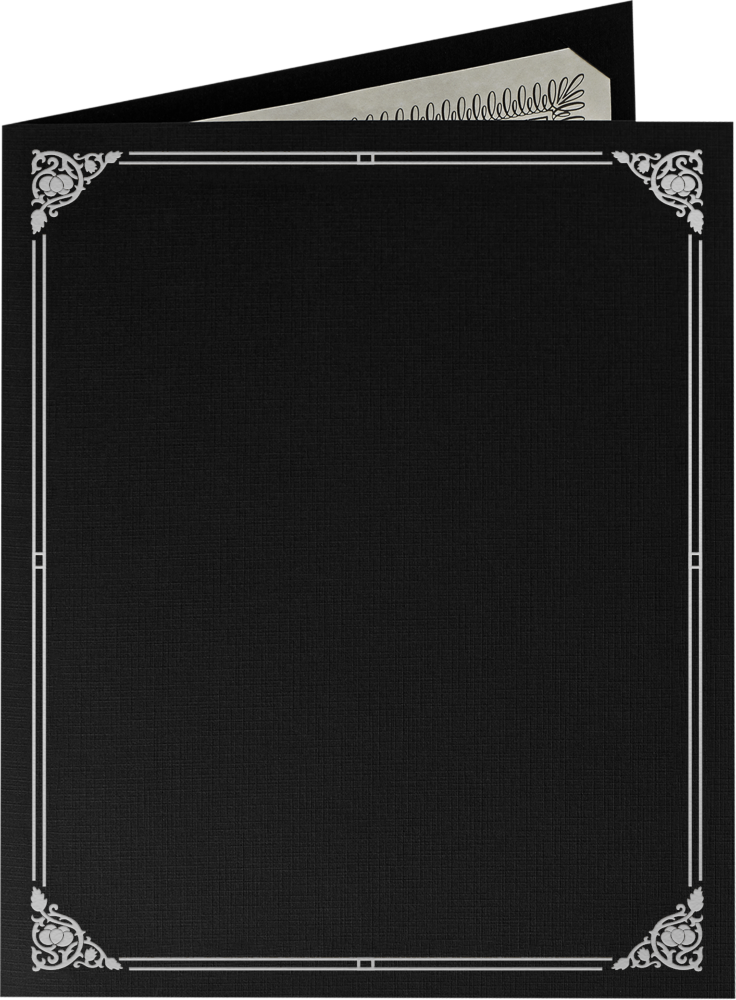 Black Linen 100lb 9 1/2 x 12 Certificate Holders with Silver Foil Floral Border