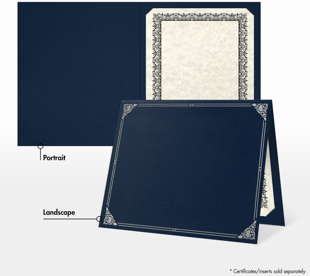 Nautical Blue Linen 100lb 9 1/2 x 12 Certificate Holders with Silver Foil Floral Border