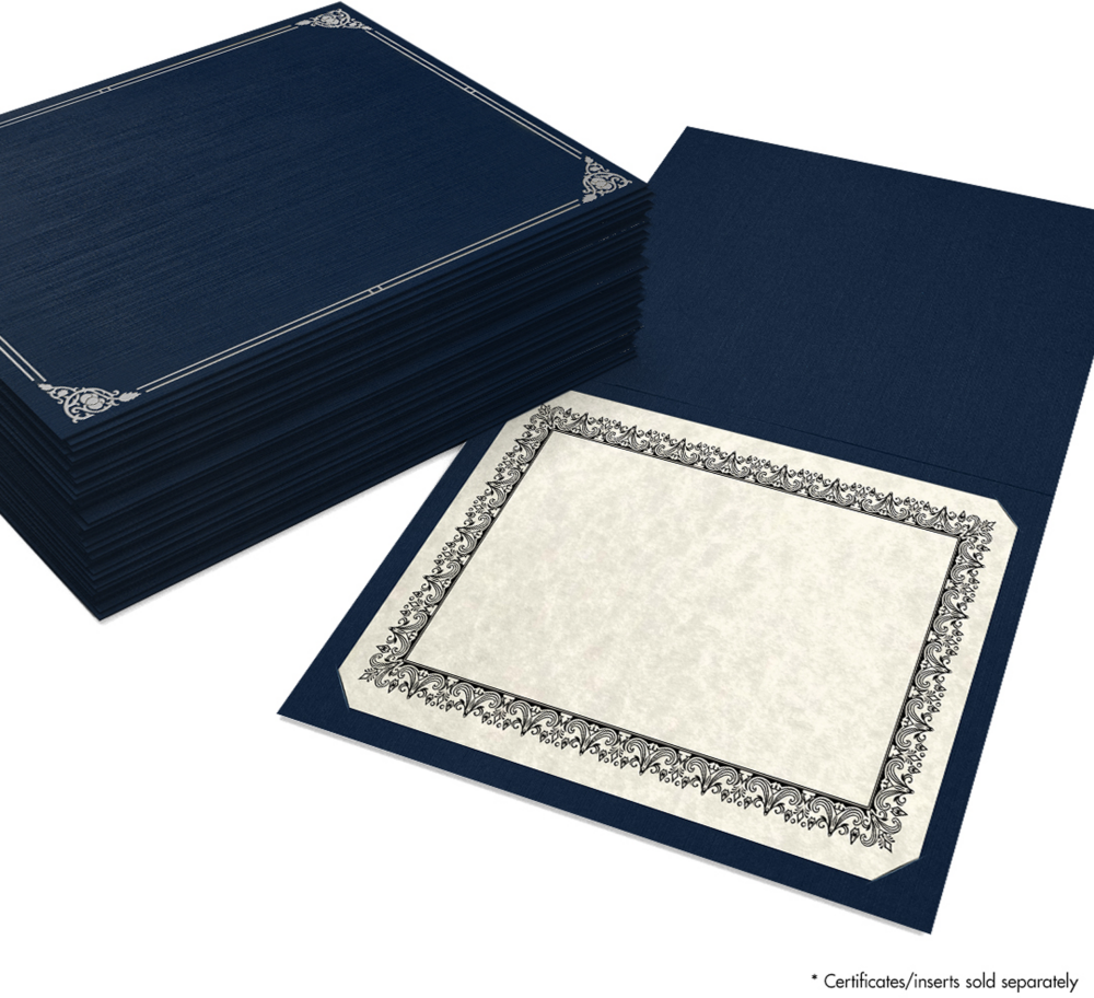 Nautical Blue Linen 100lb 9 1/2 x 12 Certificate Holders with Silver Foil Floral Border