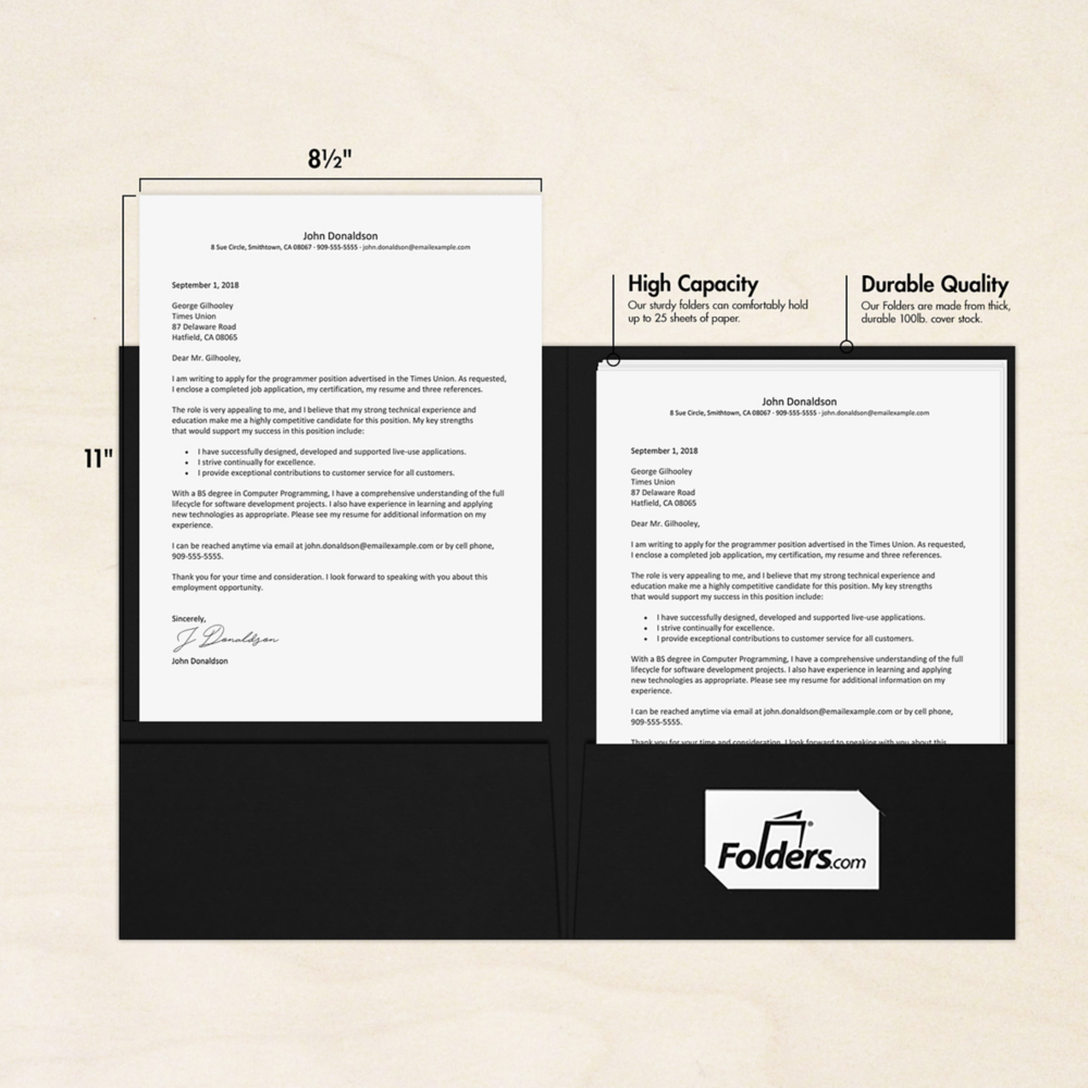 Black Linen 9 x 12 Folders with Front Cover Lower Right Card Slits