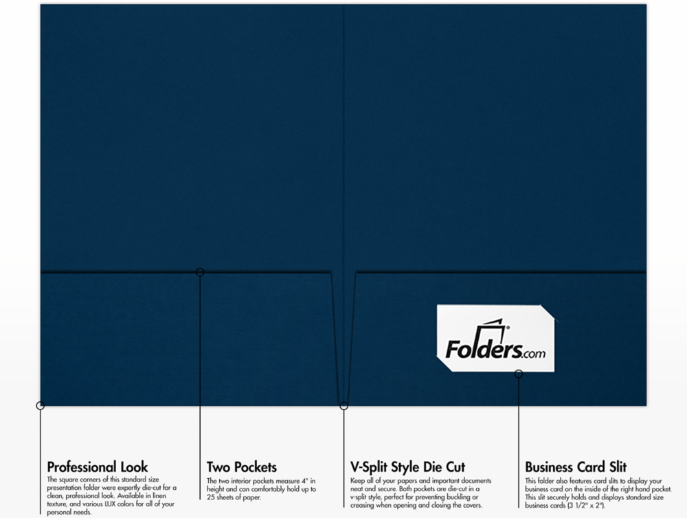 Nautical Navy Blue Linen 9 x 12 Folders with Front Cover Lower Right Card Slits