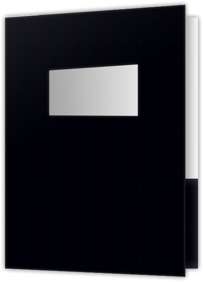 Black Semi-Gloss 14pt C1S 9 x 12 Two Pocket Folders with 4 Inch Pockets and 2 x 4 Window
