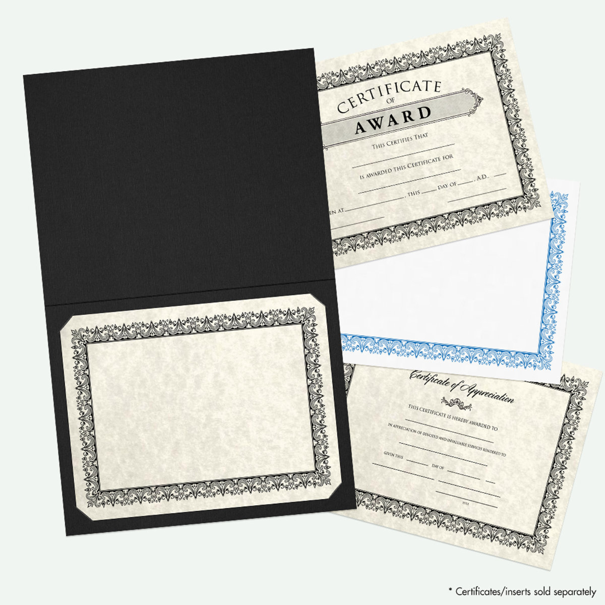 Deep Black Linen 100lb 9 1/2 x 12 Landscape or Portrait Certificate Holders with Square Corner Slits (Holds 8 1/2 x 11 Certificate)