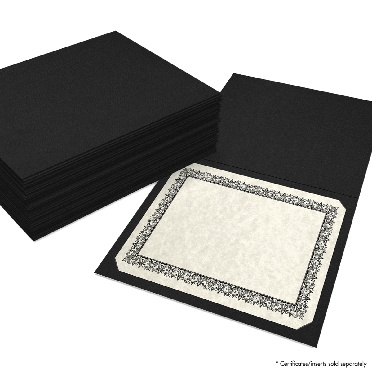 Deep Black Linen 100lb 9 1/2 x 12 Landscape or Portrait Certificate Holders with Square Corner Slits (Holds 8 1/2 x 11 Certificate)