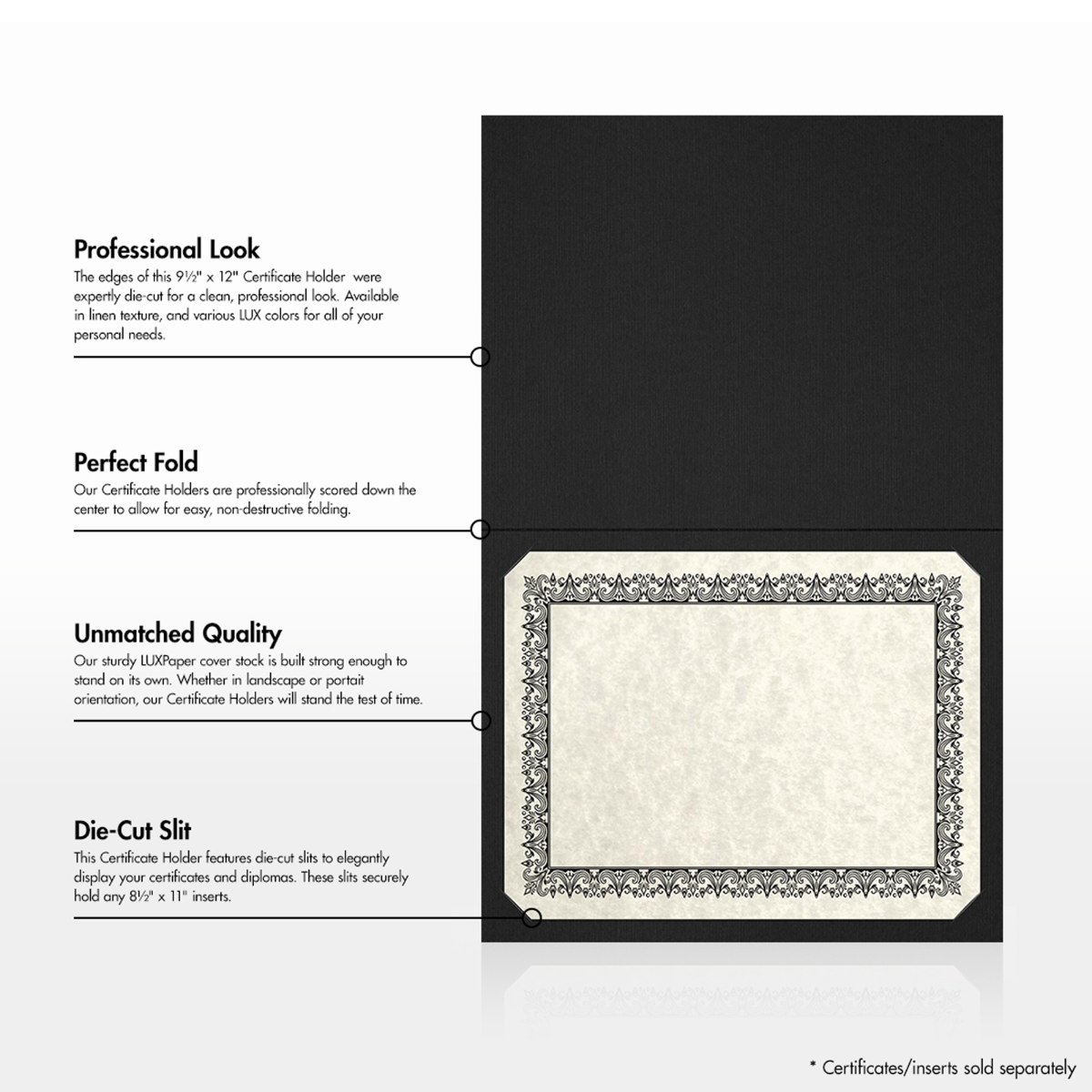 Deep Black Linen 100lb 9 1/2 x 12 Landscape or Portrait Certificate Holders with Square Corner Slits (Holds 8 1/2 x 11 Certificate)