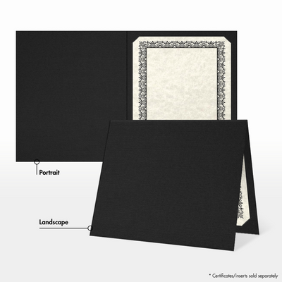 Deep Black Linen 100lb 9 1/2 x 12 Landscape or Portrait Certificate Holders with Square Corner Slits (Holds 8 1/2 x 11 Certificate)