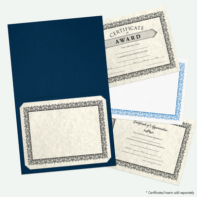 Dark Blue Linen 100lb 9 1/2 x 12 Landscape or Portrait Certificate Holders with Square Corner Slits (Holds 8 1/2 x 11 Certificate)