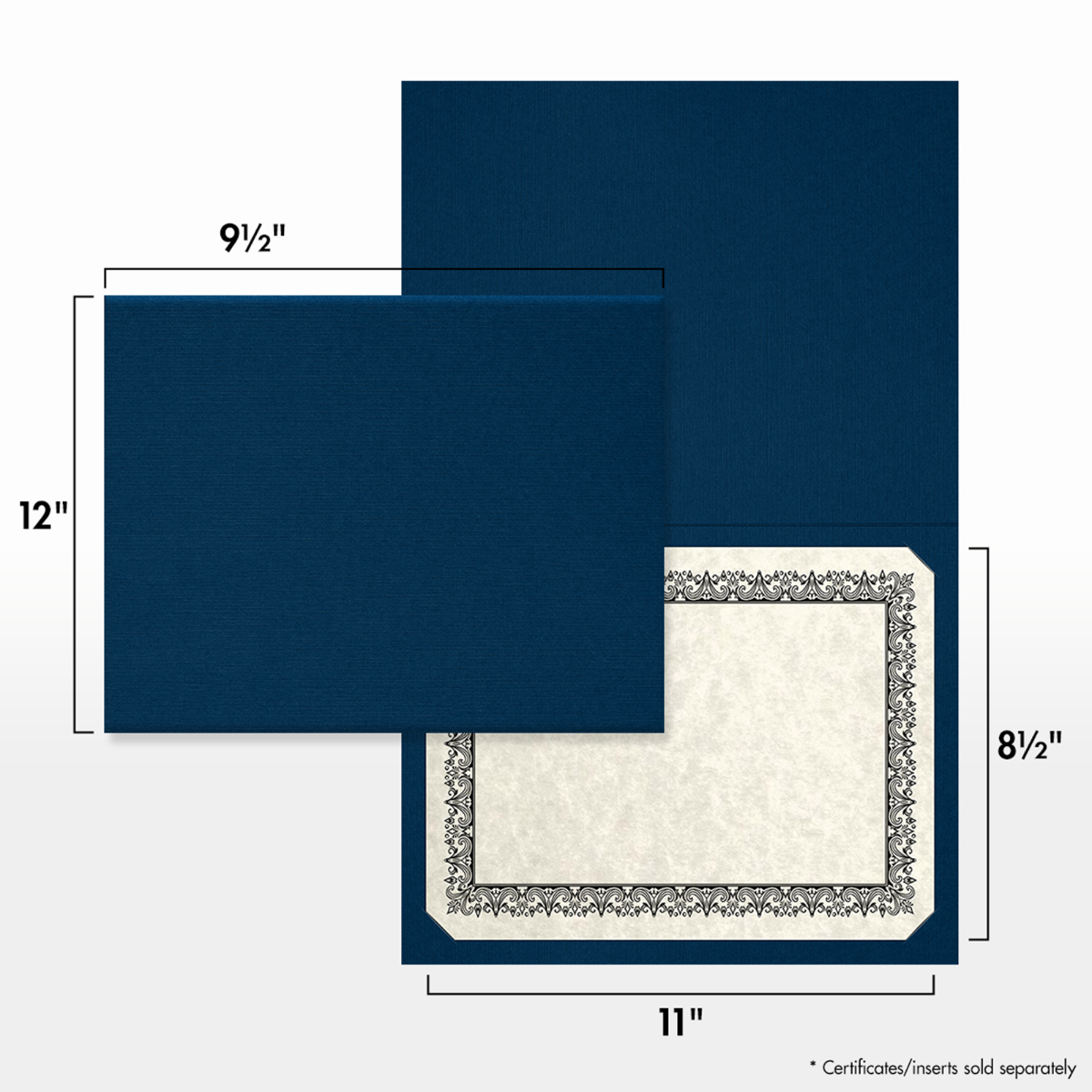 Dark Blue Linen 100lb 9 1/2 x 12 Landscape or Portrait Certificate Holders with Square Corner Slits (Holds 8 1/2 x 11 Certificate)