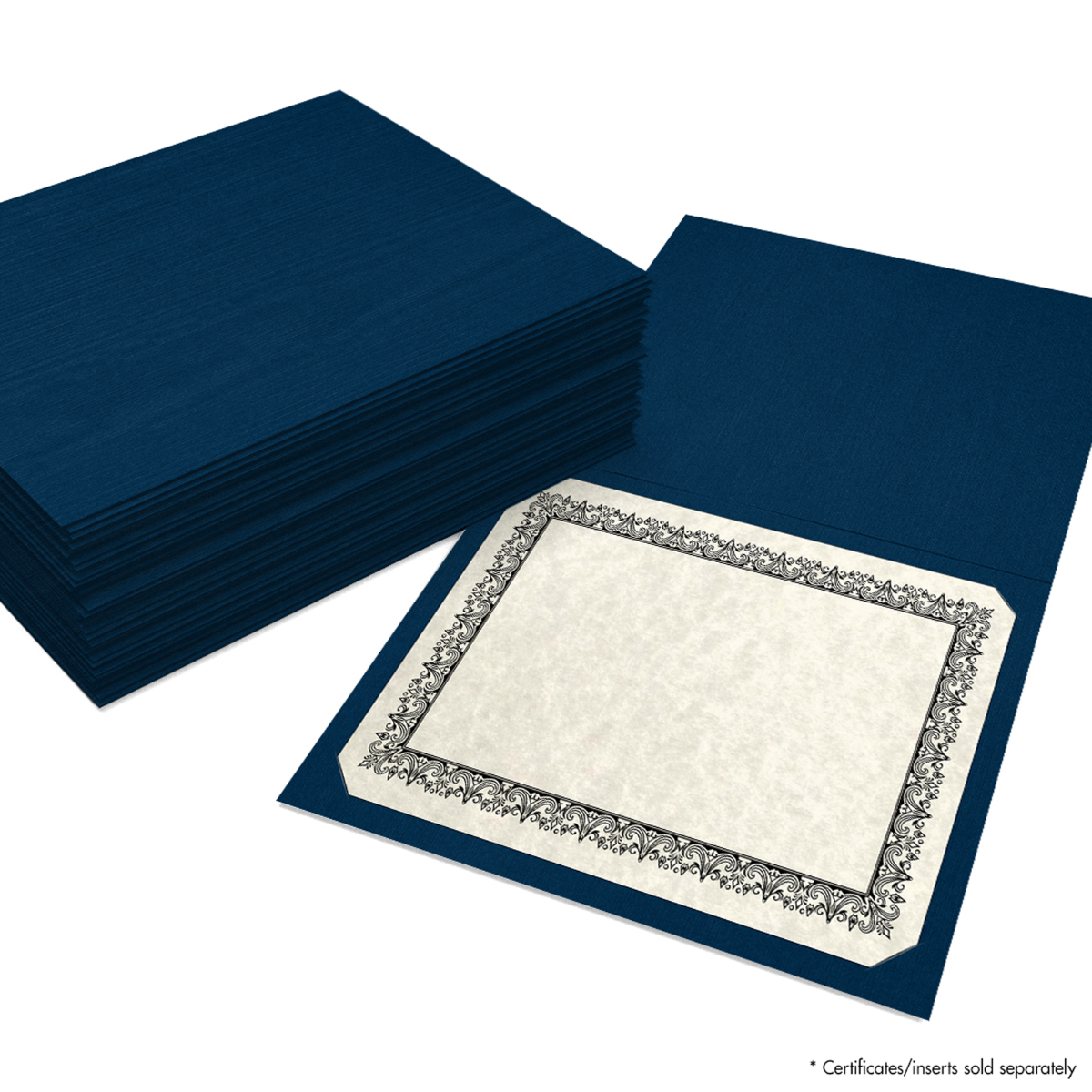 Dark Blue Linen 100lb 9 1/2 x 12 Landscape or Portrait Certificate Holders with Square Corner Slits (Holds 8 1/2 x 11 Certificate)