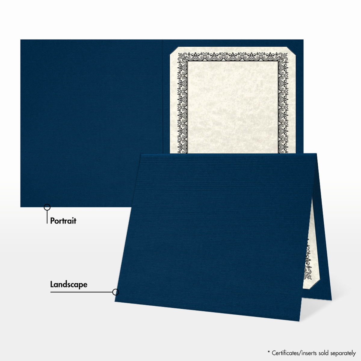 Dark Blue Linen 100lb 9 1/2 x 12 Landscape or Portrait Certificate Holders with Square Corner Slits (Holds 8 1/2 x 11 Certificate)