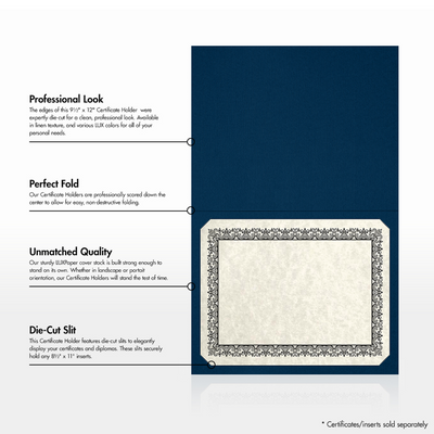 Dark Blue Linen 100lb 9 1/2 x 12 Landscape or Portrait Certificate Holders with Square Corner Slits (Holds 8 1/2 x 11 Certificate)