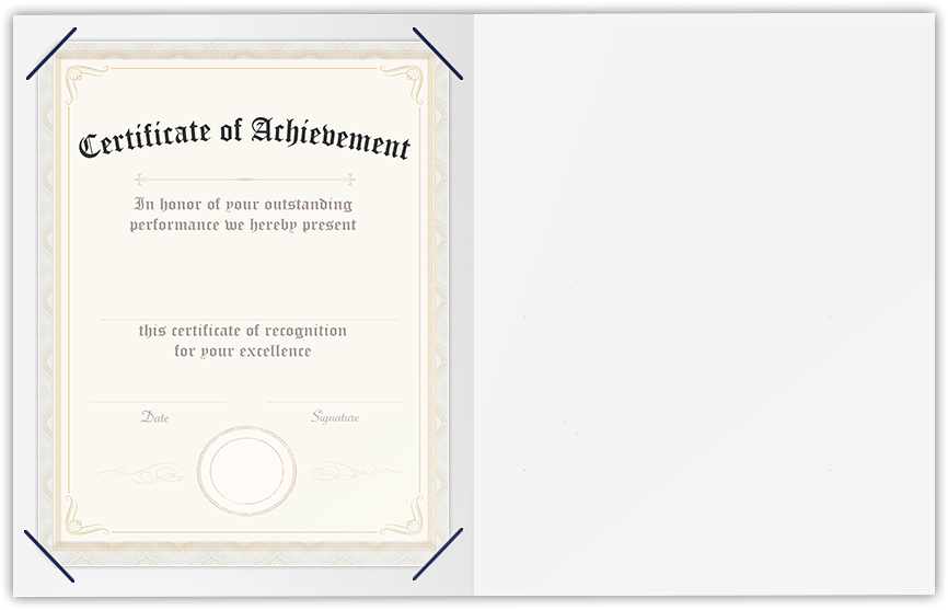 Navy Semi-Gloss 14pt C1S 9 1/2 x 12 Landscape or Portrait Certificate Holders with Square Corner Slits (Holds 8 1/2 x 11 Certificate)