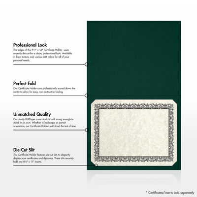 Deep Pine Linen 100lb 9 1/2 x 12 Landscape or Portrait Certificate Holders with Square Corner Slits (Holds 8 1/2 x 11 Certificate)