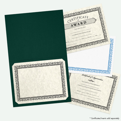 Deep Pine Linen 100lb 9 1/2 x 12 Landscape or Portrait Certificate Holders with Square Corner Slits (Holds 8 1/2 x 11 Certificate)