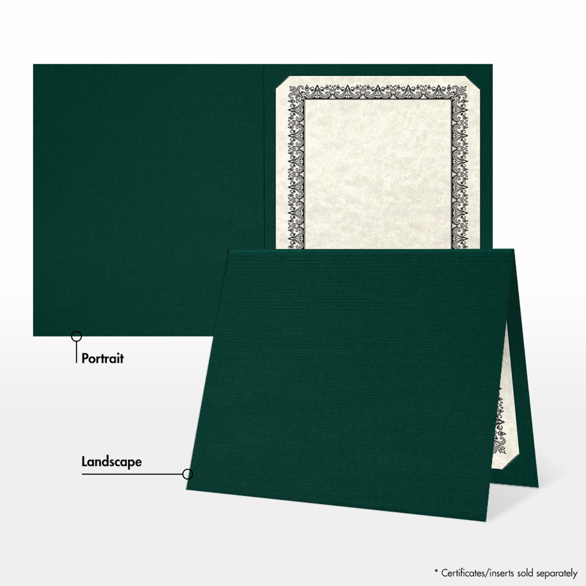 Deep Pine Linen 100lb 9 1/2 x 12 Landscape or Portrait Certificate Holders with Square Corner Slits (Holds 8 1/2 x 11 Certificate)