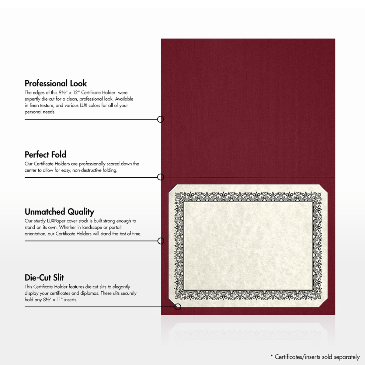 Burgundy Linen 9 1/2 x 12 Landscape or Portrait Certificate Holders with Square Corner Slits (Holds 8 1/2 x 11 Certificate)