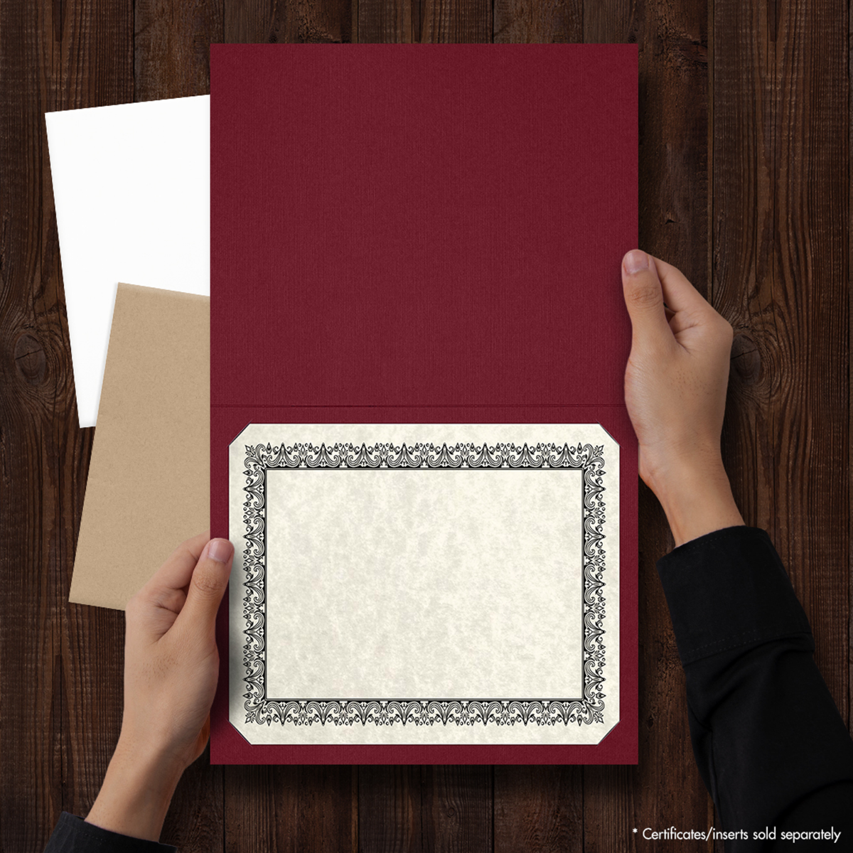 Burgundy Linen 9 1/2 x 12 Landscape or Portrait Certificate Holders with Square Corner Slits (Holds 8 1/2 x 11 Certificate)