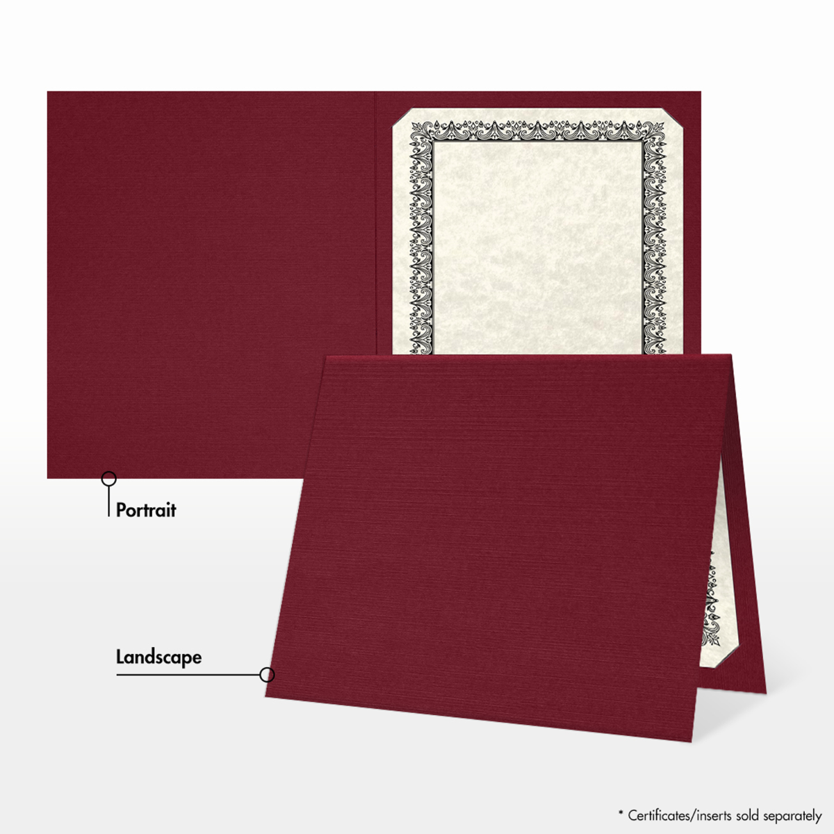 Burgundy Linen 9 1/2 x 12 Landscape or Portrait Certificate Holders with Square Corner Slits (Holds 8 1/2 x 11 Certificate)