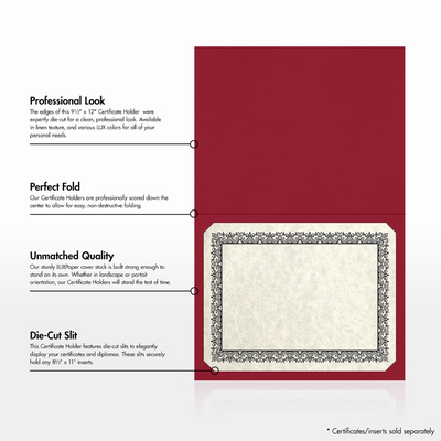 Red Hopsack 90lb 9 1/2 x 12 Landscape or Portrait Certificate Holders with Square Corner Slits (Holds 8 1/2 x 11 Certificate)