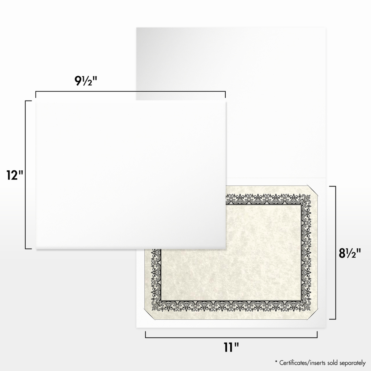 White Semi-Gloss 12pt C1S 9 1/2 x 12 Landscape or Portrait Certificate Holders with Square Corner Slits (Holds 8 1/2 x 11 Certificate)